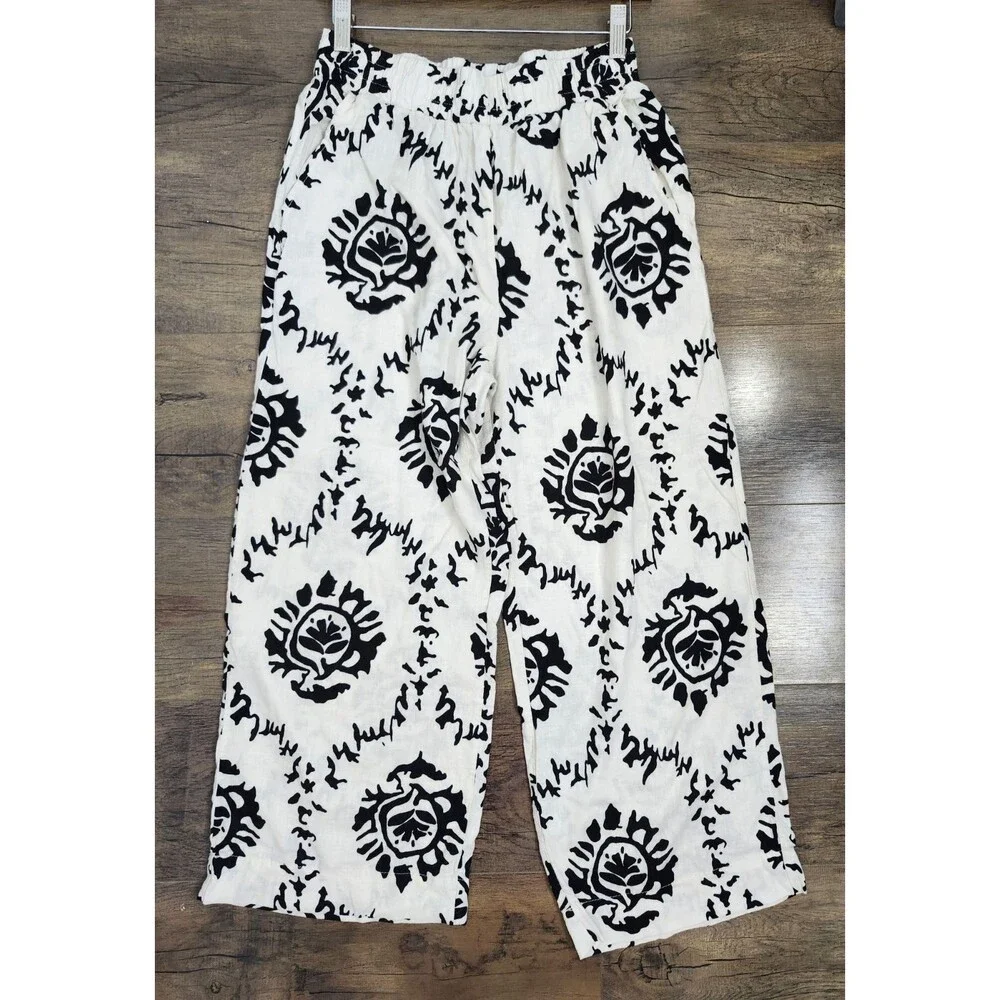 Christian Siriano Womens Small Linen Blend Wide Leg Palazzo Pants Black Cream